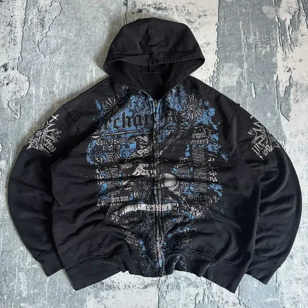 Men's Hoodies Sweatshirts Y2K New Hoodie Retro Gothic Pattern Zipper Hoodie Men Street Hip Hop Harajuku Casual Oversize Coat Loose Streetwear J