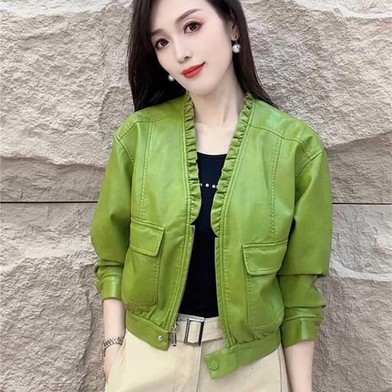 Faux Women's Leather Leather Spring Autumn Casual Short Leather Jacket for Women Fashion New Solid Color Lace V-neck Loose PU Leather Motorcycl
