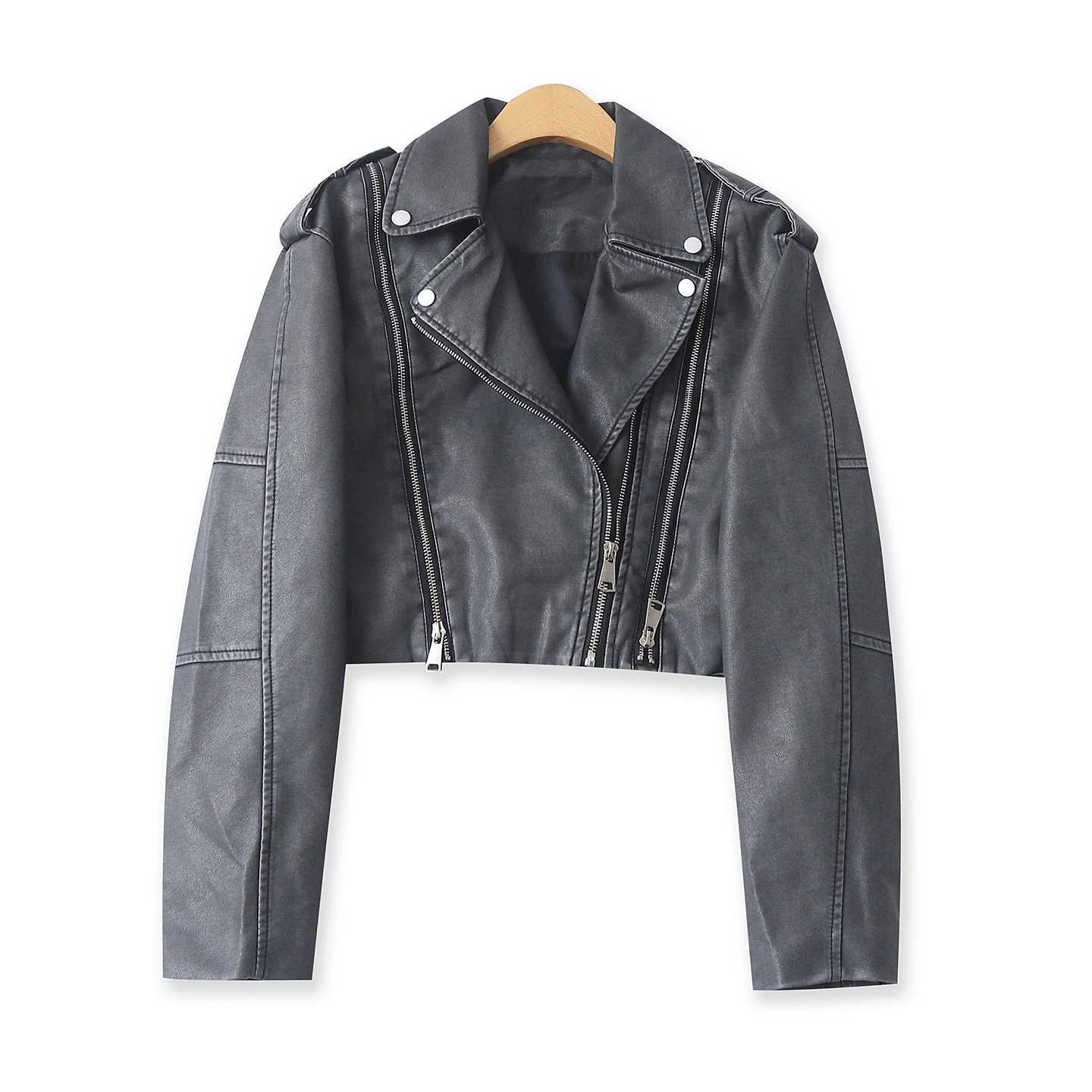 Leather Faux Women's Leather Fashionable Loose PU Leather Biker Jacket Women's Spring Autumn New Style Zipper Long Sleeve Shirt Turn-down