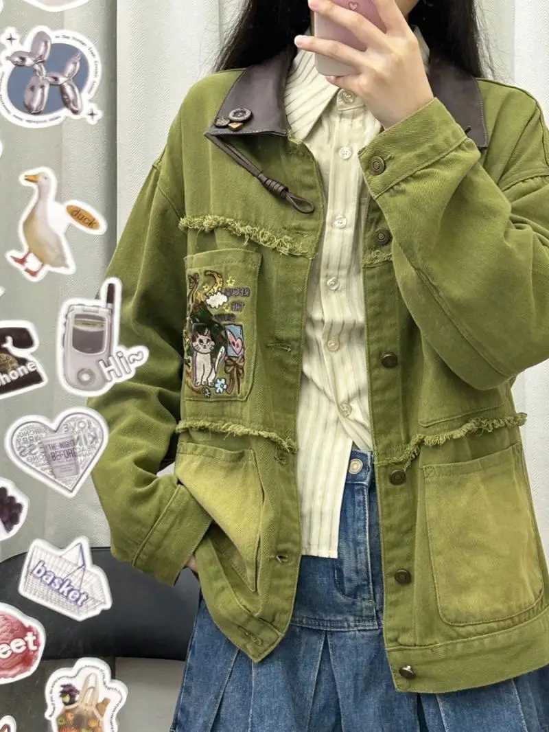 Women's Jackets Japanese Green Embroidered Large Size Denim Jacket Women 2025 Spring Autumn Design Tops Trendy Baseball Uniform Aesthetic Chic