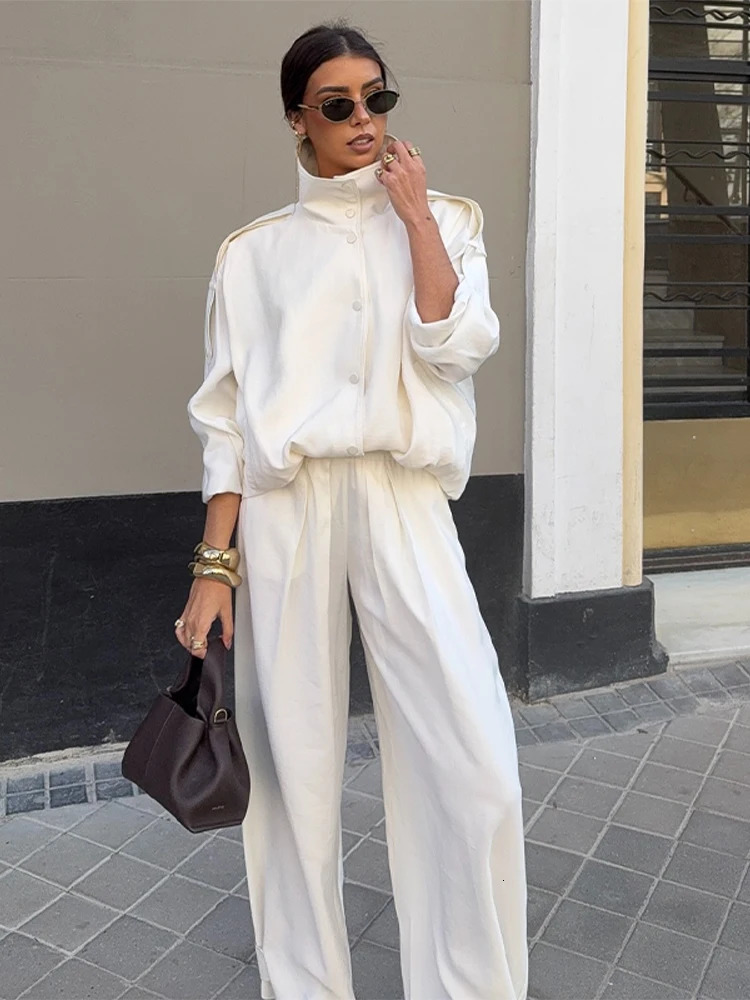 Solid Single Breasted Pockets Women Suits Stand Collar Full Sleeve Top Fashion Long Pants Spring Autumn Casual Female Sets 2026 260922