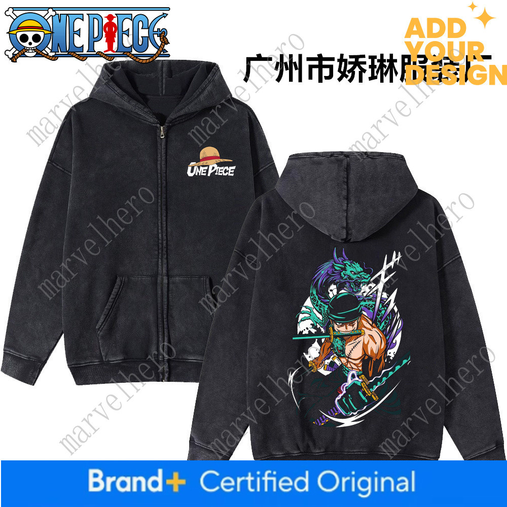 Felpa con cappuccio americana retrò lavata con cerniera per uomo donna, caratterizzata dal design One Piece Zoro, stampa in stile anime scuro e capp