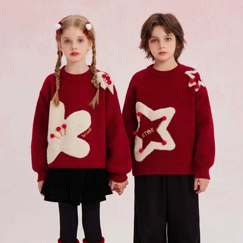 Brother Pullover Sister Sweater and Autumn Winter New for Boys and Girls Red Pentagram Versatile Christmas Knitted Top C260921
