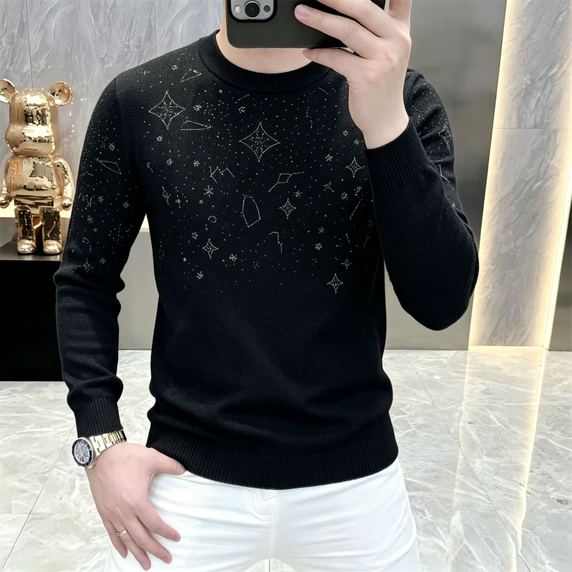 Luxury Brand Designer Pullover Men's Round-neck Long-sleeve Fashionable Beaded Knitted Sweater For Autumn And Winter New Style Round-neck Wool