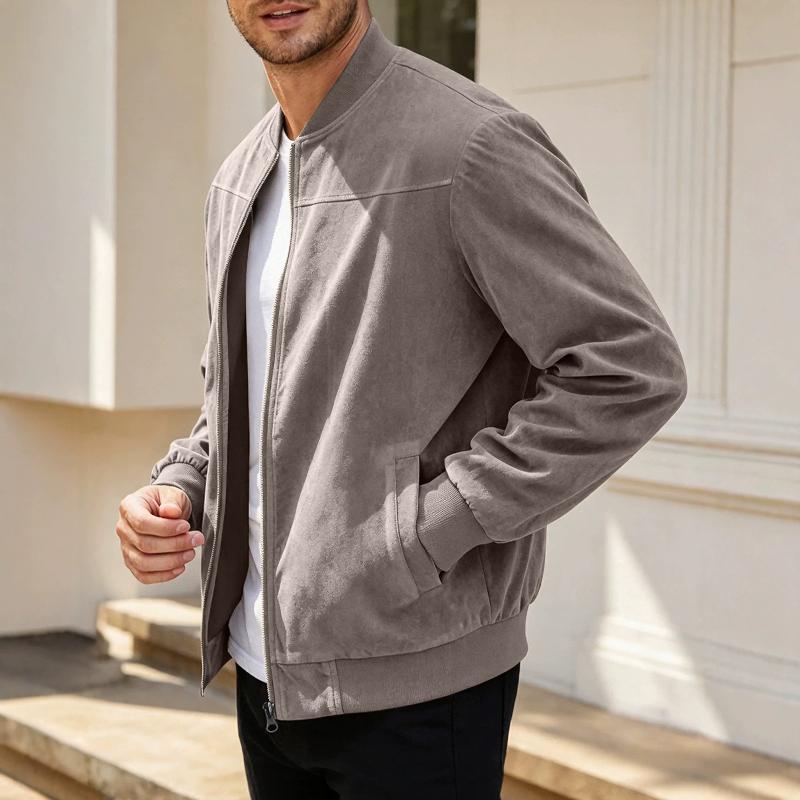 Mens Lightweight Faux Suede Bomber Jacket Stand Collar Full Zip Design Rib Cuffs And Hem Casual Streetwear Jacket