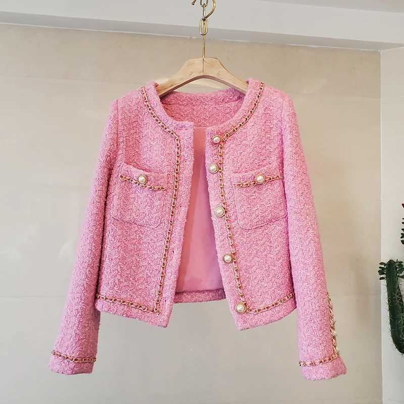 Women's Jackets Autumn Winter New Chain High Quality Small Fragrance Coat Women Tweed Elegant Basic Vintage Office Lady Pink White Jacket C2609