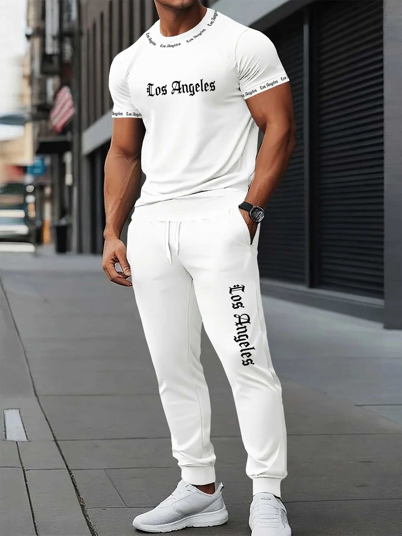 Men's Summer Men's Tracksuits Gothic Letter Printed Polyester Breathable Round Neck T-shirt Pants Set Outdoor Urban Fashion Clothing J2609