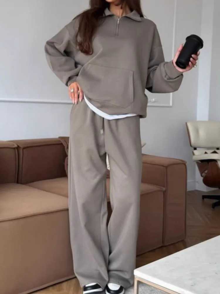 Comfortable Baseball Sets Casual Women's Solid Color Two-piece Set Autumn And Winter Lapel Pullover Long-sleeved Sweatshirt Wide-leg Pants Set