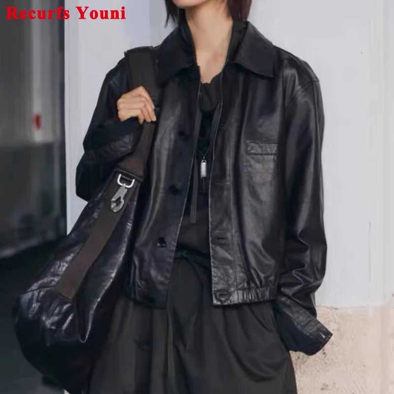 Faux Women's Leather Leather Advanced Oil Wax Leather Jacket for Women Autumn Winter Female 100% Lambskin Square Neck Elastic Waist Loose Coat