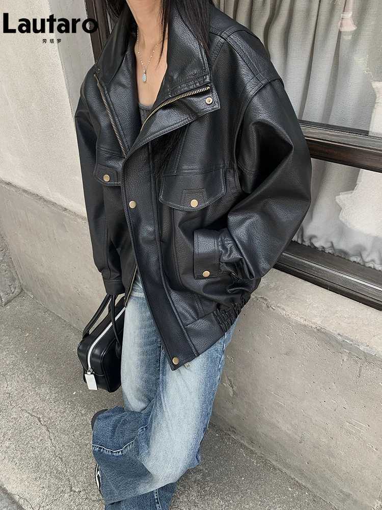 Spring Winter Lautaro Cool Oversized Thicken Warm Black Hard Pu Leather Jacket Women Long Sleeve High Quality American Clothing C260921