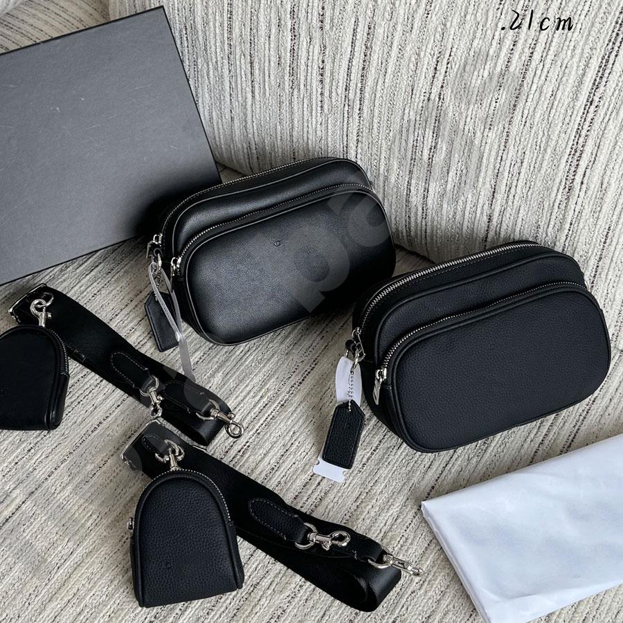 Men Luxury Genuine Leather Camera Crossbody Bag with Mini Coin Purse Double Zipper Wide Strap Shoulder Purse Women Casual Commuter Bag Shoulder Bag