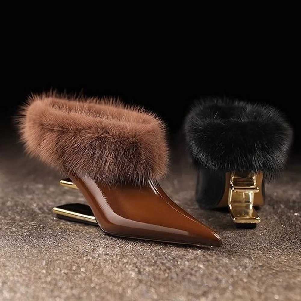 Women's Shoes New Mules Naked Ankle Boots Women Winter Furry Shoes High Heels for Women Slippers Pointed Toe Wedges Slip on Shoe Q260922
