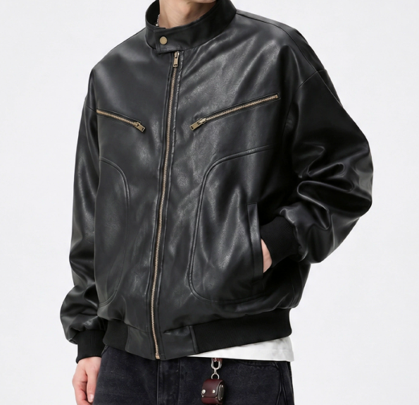 American style casual crew-neck windproof PU leather jacket for men, featuring autumn retro loose silhouette and motorcycle-style design.