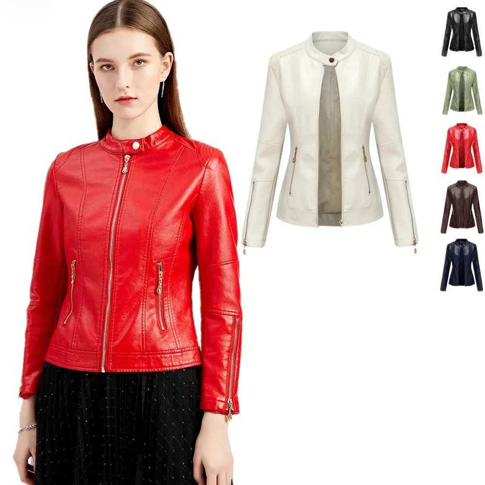 Women's Jackets Women Bright Red PU Leather Moto Jacket Stylish Short Fit with Front Sleeve Zippers Beige Black Blue Green Coat Available C2609