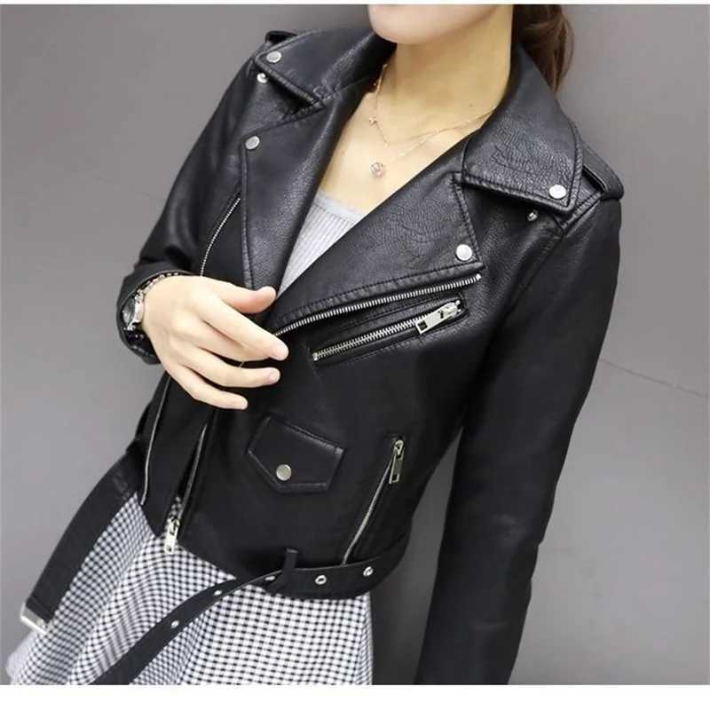 Leather Faux Women's Leather Fashion Women Faux Leather Jacket Autumn Turn-down Collar Zip-up Zipper Rivet Long Sleeve Motorcycle Coat Female O
