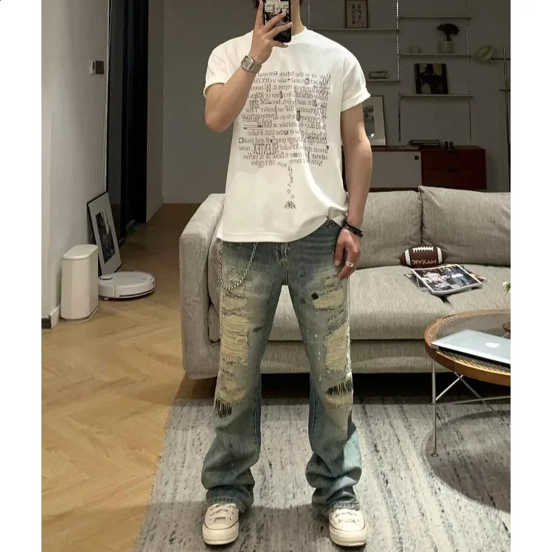 Men's Jeans High Street Vintage Distressed Ripped Faded Man Pants Blue Straight Denim Trousers Embroidery n Bootcut 260921