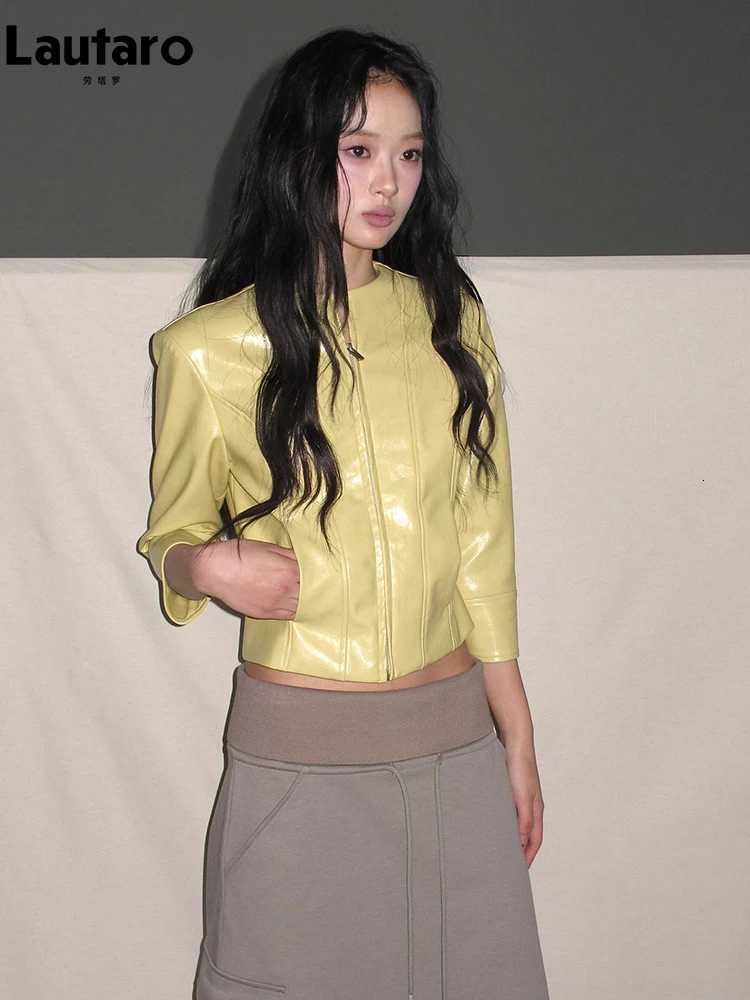 Autumn Lautaro Spring Short Fitted Shiny Light Yellow Pu Leather Jacket Women with 3/4 Sleeve Zipper Luxury Designer Clothes C260921