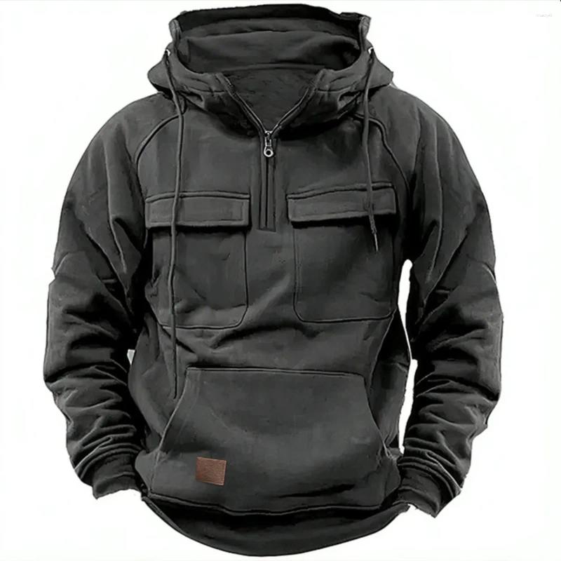 Autumn-Winter Men's Hooded Solid-Color Casual Hoodie - Fashionable Young Man's Multi-Pocket Patch Pullover Shirt