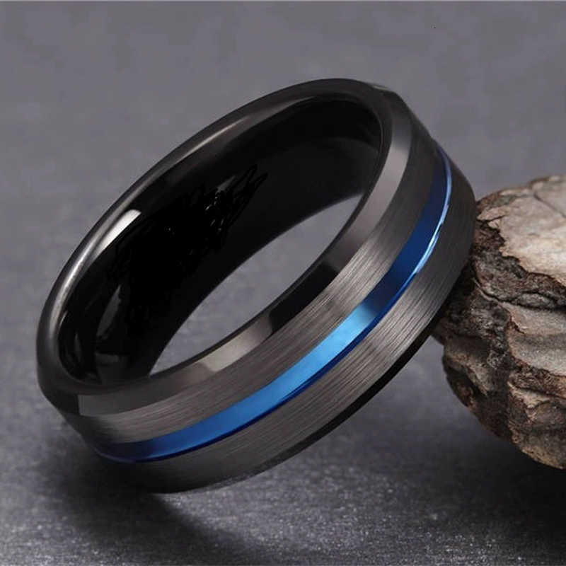Rings Fashion Band 8mm Men's Blue Groove Beveled Edge Ring Punk Black Tungsten Wedding Band Rings for Couples Bague HommeT260922