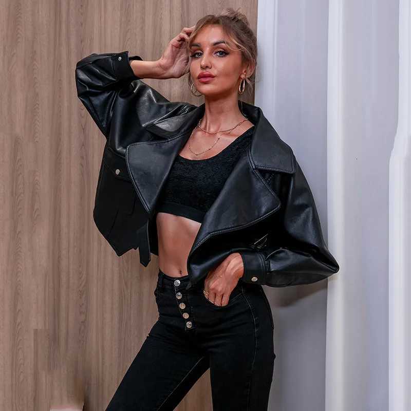 PU lapel Fashionable black short leather jacket loose long sleeved women's Korean version Motorcycle zipper leather jacket C260921