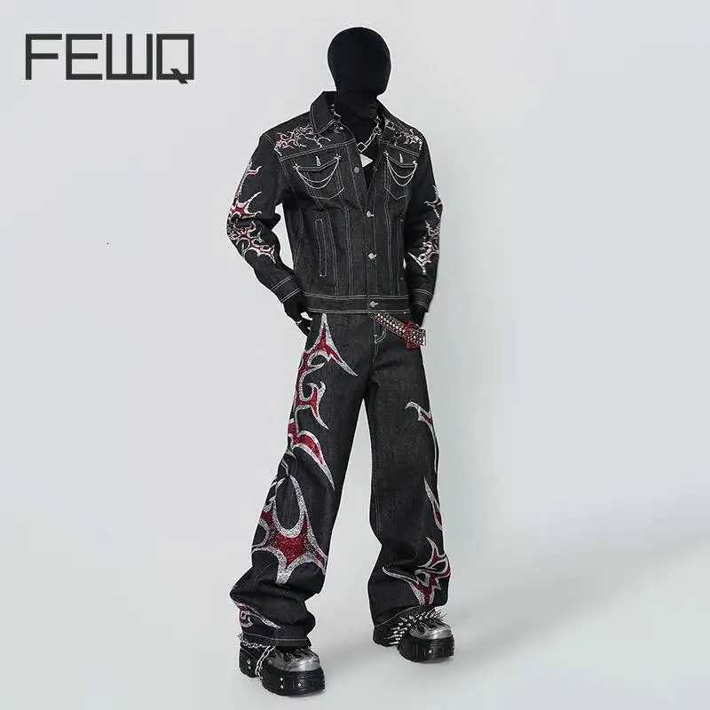 Tracksuits FEWQ American Men's Dark Subculture Sparkling Thorn Men's Denim Suit Casual Jacket Wide Leg Pants Two-piece Set 24W3021 J260921