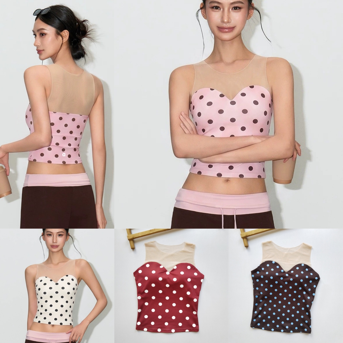 A2999 Non-Slip Mesh Strapless Polka-Dot Slimming Yoga Tank Top with Built-in Cups Figure-Hugging Breathable Sexy Yoga & Fitness Top for Women with a