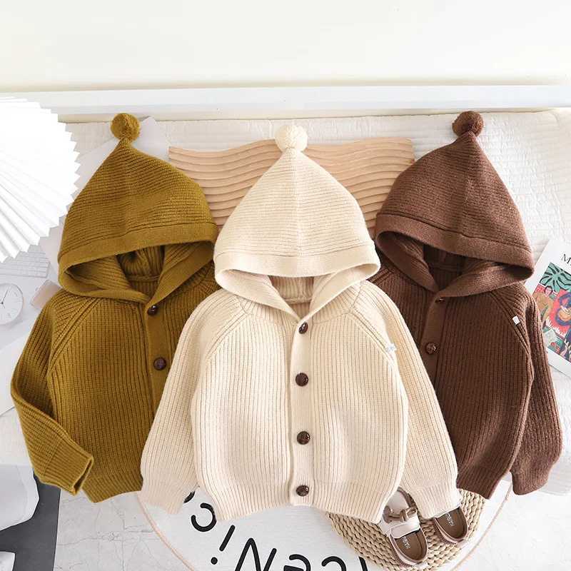 Girls Pullover Autumn Winter New Boys Sweater Jacket Solid Color Single-Breasted Hooded Woolen Cardigan For 2-10 Years Kids Knitted Coat C260921