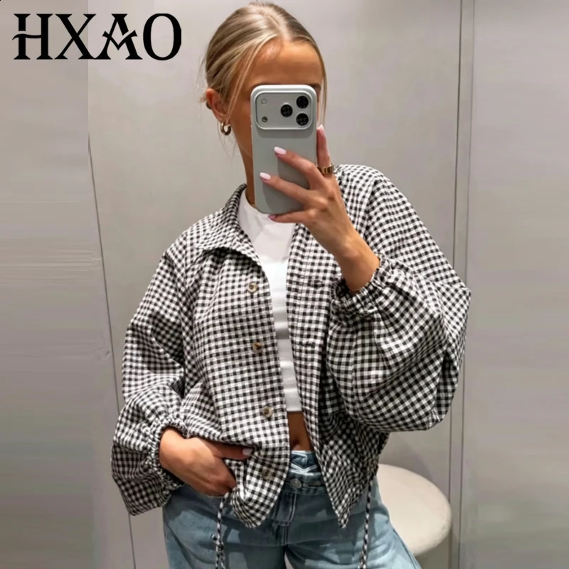 HXAO Plaid Oversized Cropped Jacket Womens Jacket Autumn 2026 Casual Loose Button Long Sleeve Tops Chic Outerwear Outdoor Coats 260921