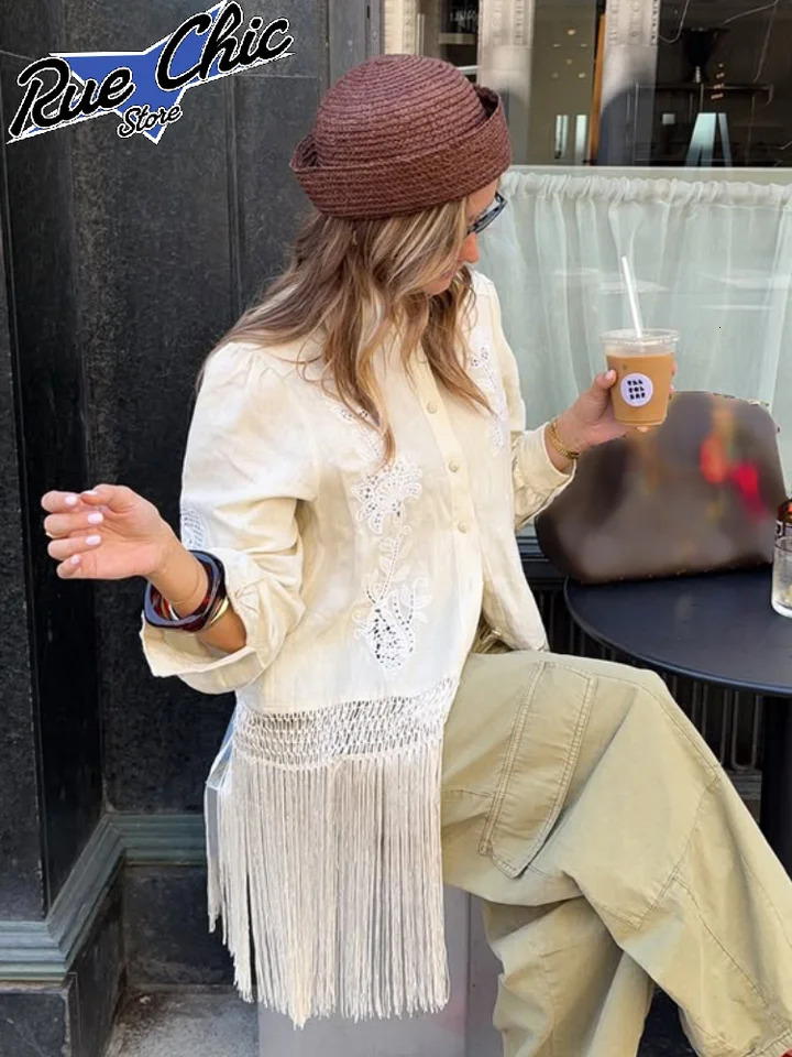 Tassel Hem Vintage Tops Women Casual Solid Long Sleeves Single Breasted Button Stand Collar Coat Lady Autumn Bohemian Daily Wear 260922