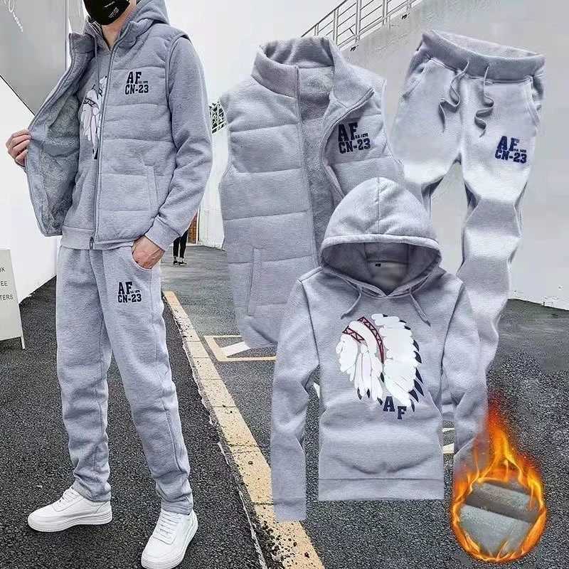 3 Men's Pieces Tracksuits Set Hoodies+Vest+Pants Casual Men's Track Suit Clothing Coats Winter Thick Warm Tracksuit for Men Printed Mens S