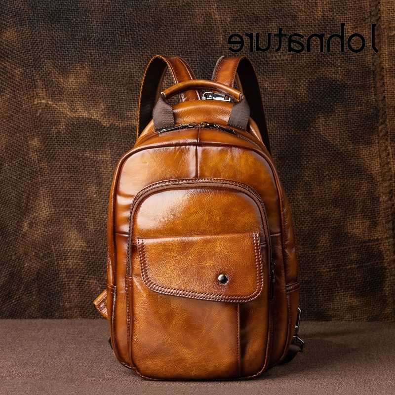 2026 Backpack Style New Johnature Men Mini Backpack Genuine Leather Multifunctional Bag First Layer Cowhide Handmade Male Chest Bags H260922