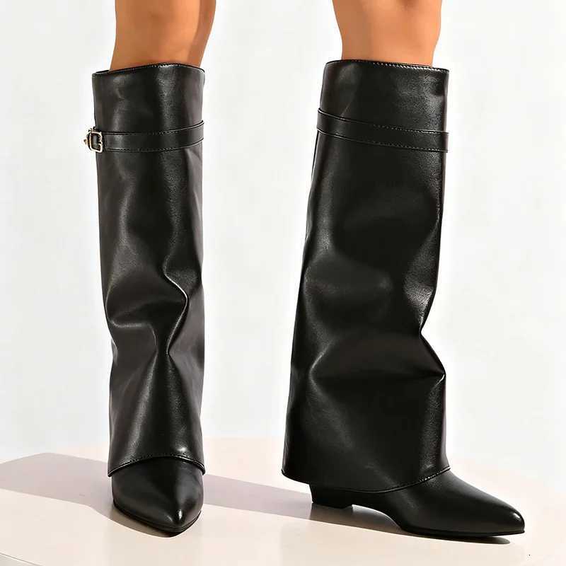 Designer Leather Boots Black Pu Knee High Boots Women Sexy Pointed Toe Straight Leg Boots Woman Punk Style Wedge High Heels Long Botas Mujer J260922