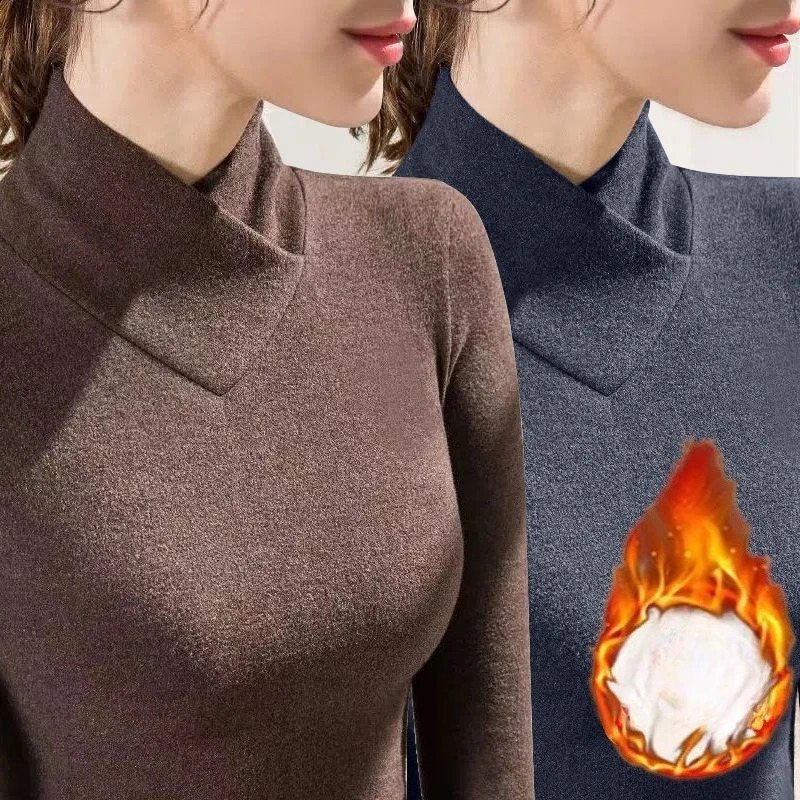Autumn Winter Semi High Neck V-neck Women's T-shirt Fleece Wearing Inside Women's Thermal Underwear Women Clothing 260921