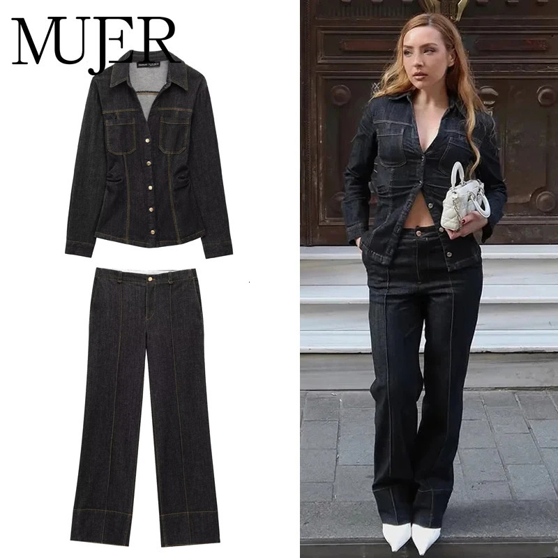 MUJER Denim Women's Pants Sets Button up Shirt Two Piece Outfits Woman High Waist Women's Trousers Suits Spring Lady Sets 260921