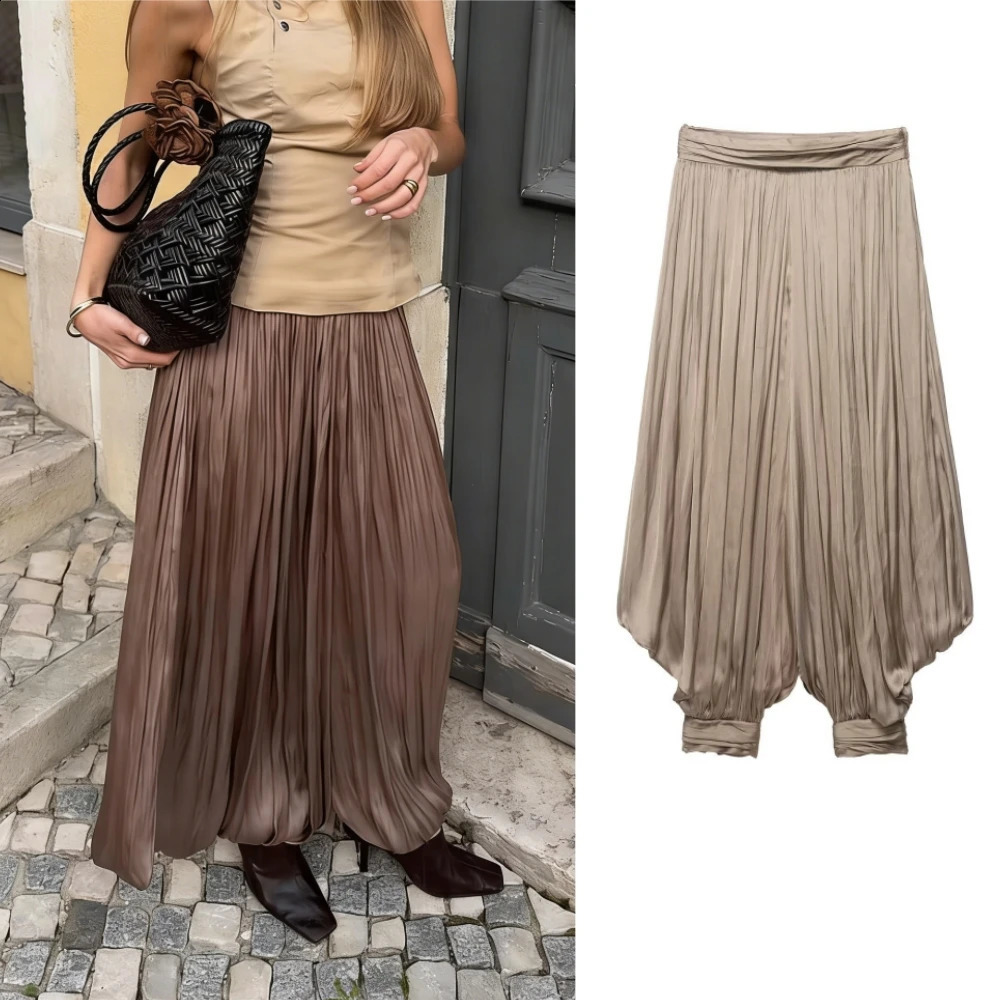 Chic Pleated Loose Wide Leg Trousers Women Casual Zip-up Lantern Pants Female Holiday Beach Long Pants 260921