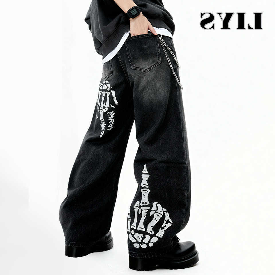 Jeans Men's Men's Black Skull Finger Print Baggy Wide Leg Jeans Spring Summer Loose Straight Leg Denim Pants Women's Skull Element Je