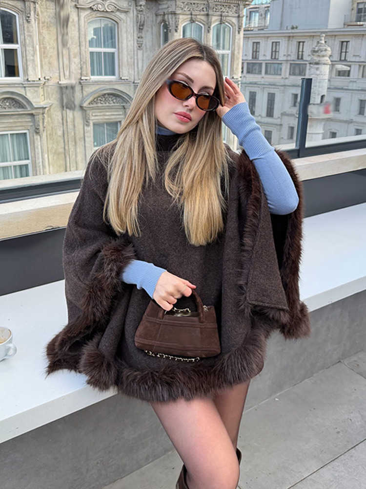 Women HH Fashion Faux Fur-Effect knitted Jersey Cape Coat Female Spring Autumn Casual Solid Loose Pullover Tops Chic Sweater S260922KST1