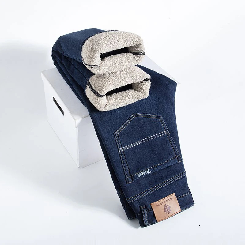 Winter Warm Fleece Jeans Men 2025 Straight Stretch Thick Casual Thermal Denim Pants Male Business Work Trousers Men Clothing 260922