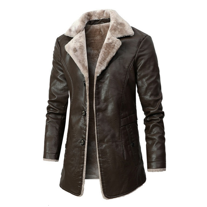 2026 Men Winter Long Thick Fleece PU Leather Jacket Fashion Suit Collar Mens Windbreaker Coats 260908