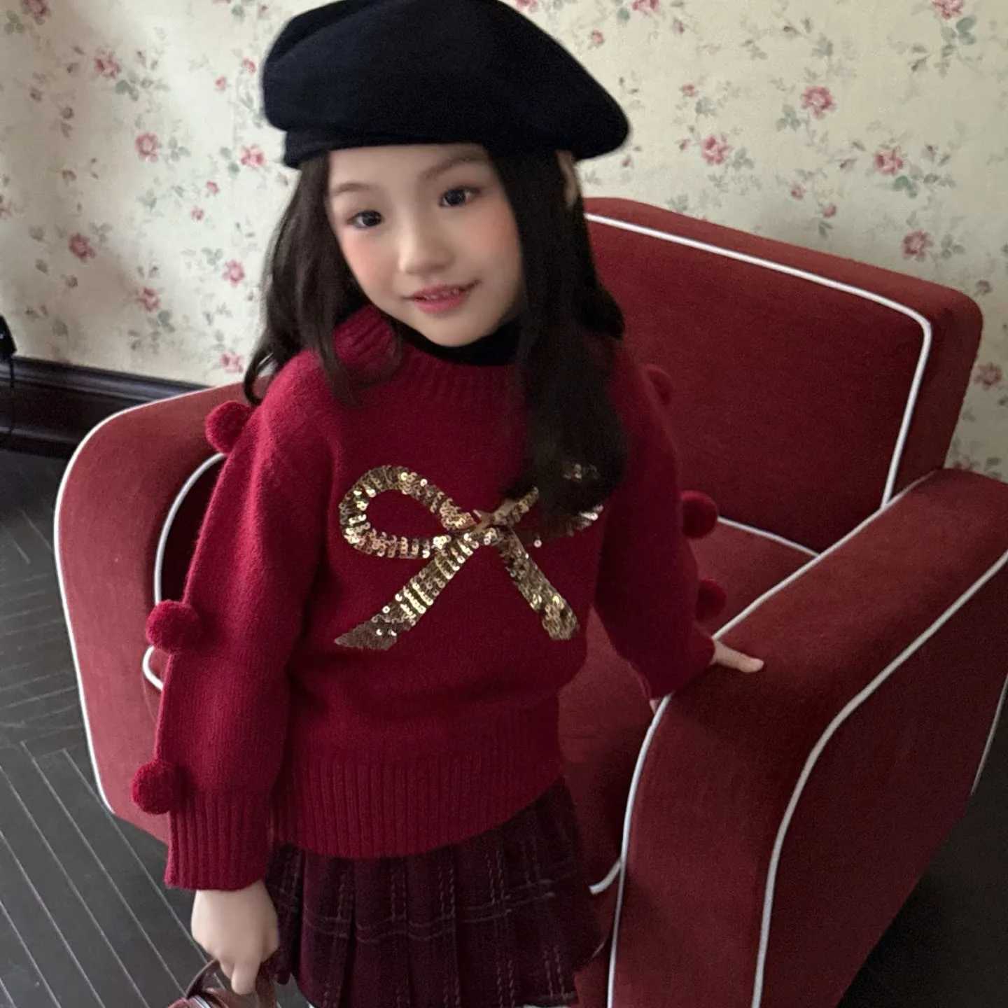 Girls New Year Christmas Pullover Sweater Autumn Winter New Girls Warm and Thick Red Sweater Jacket Baby Bow Sequin Top C260921