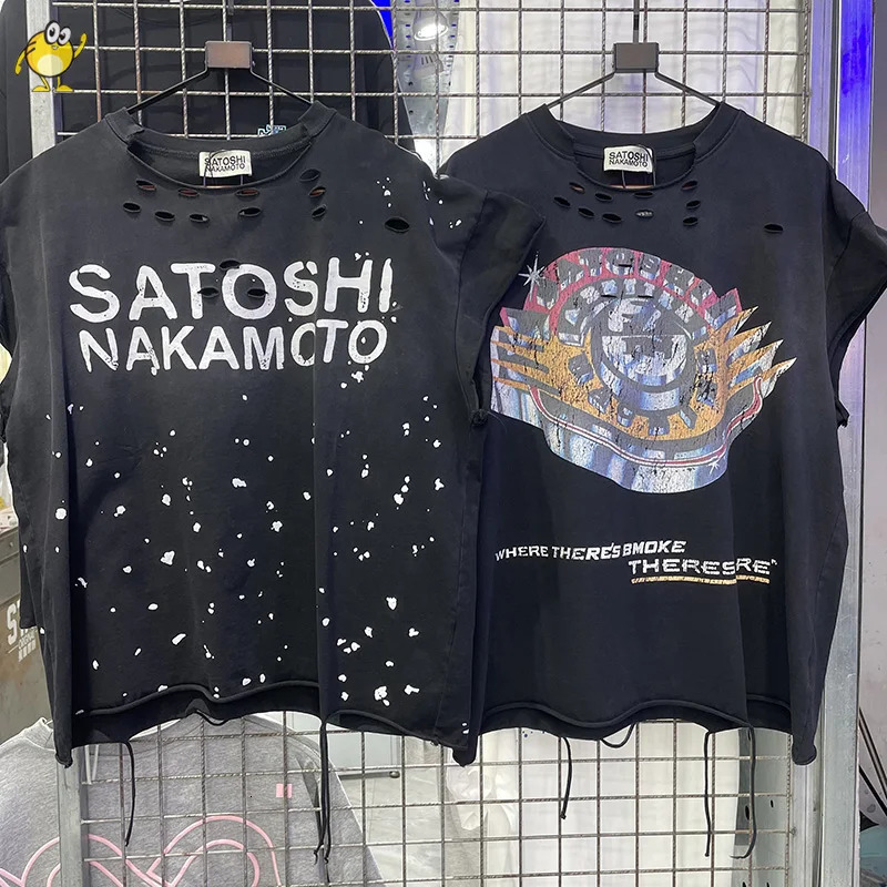 Washed Sleeveless Tank Satoshi Nakamoto T Shirt Men Woman Quality Fashion Damaged Hole Old Streetwear Summer Top 260922