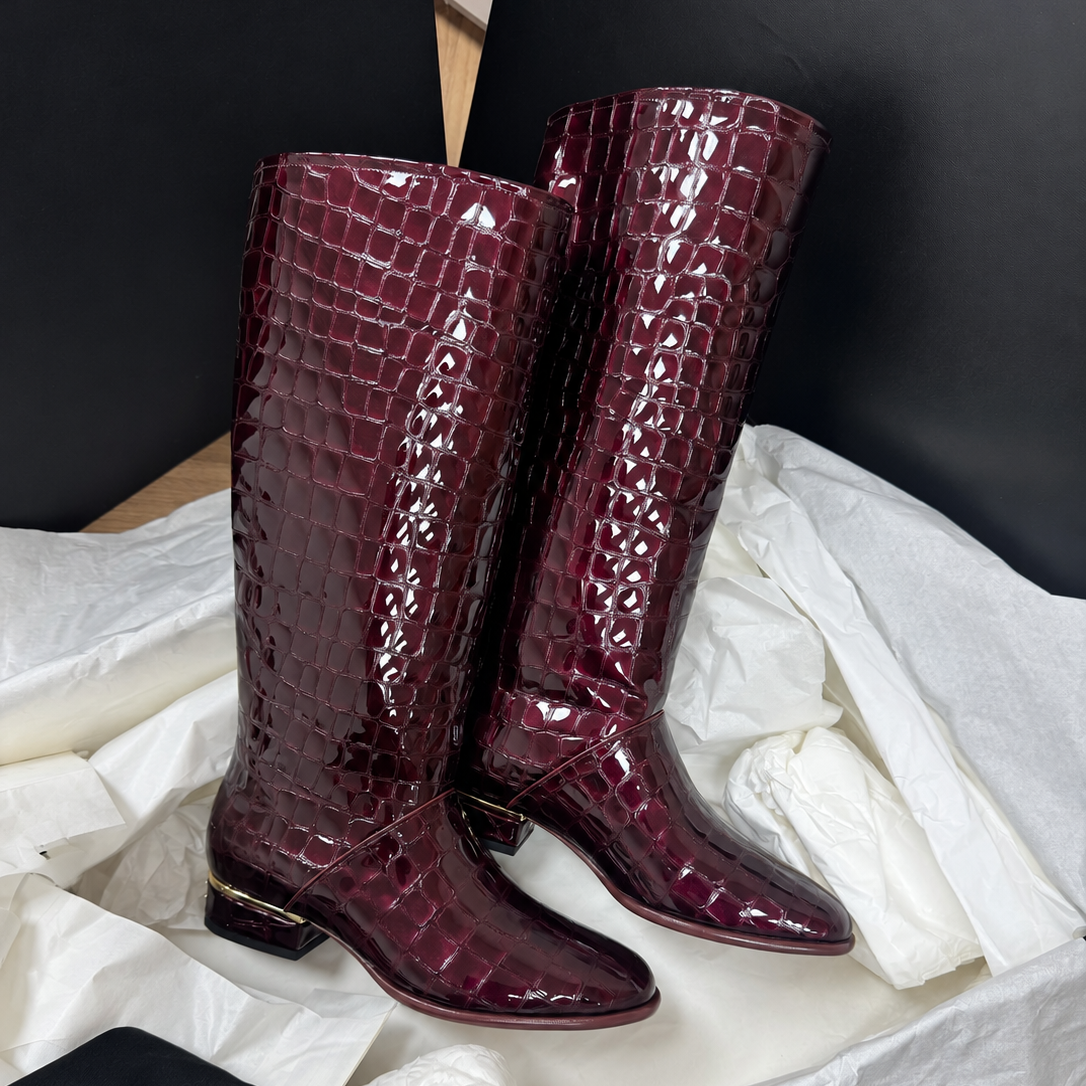 Women Knee High Boots Burgundy Croc Embossed Patent Leather Square Toe Low Block Heel Tall Boots Comfortable Elegant Winter Dress Office Party Shoes