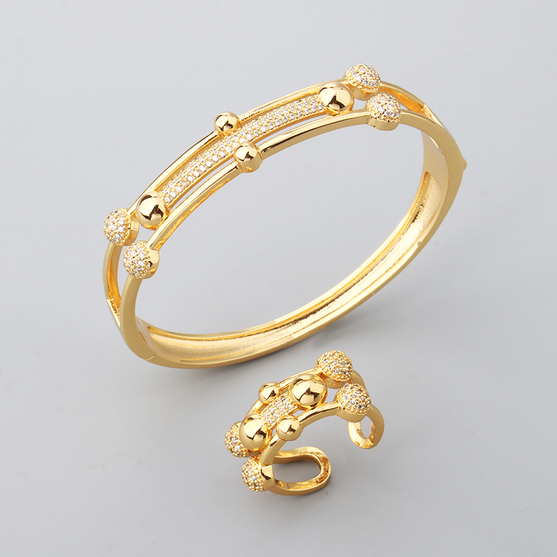 Designer Ball Stud Bangle Ring Set Elegant Women Jewelry Luxury Gold Crystal Paved Bracelet And Adjustable Ring Fashion Gift