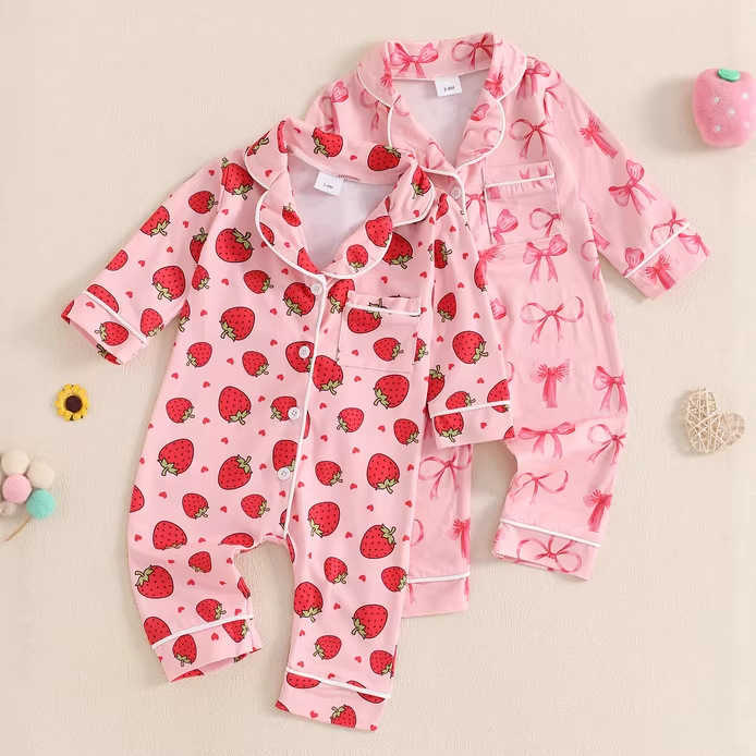 New strawberry bow print longsleeved pajamas for baby girls sweet and cute romper for spring and autumn Q260919
