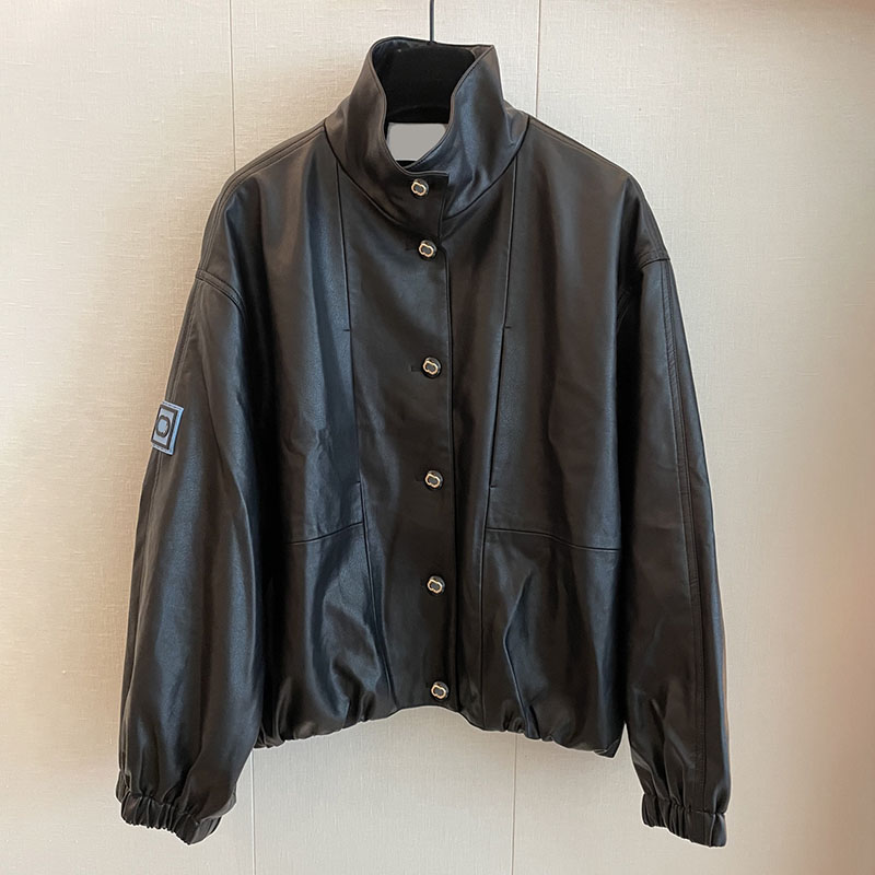 Black PU Leather Jacket For Women Stand Collar Loose Fit Gold Buttons Street Blouson Outerwear Autumn Windproof Motorcycle Hiking Jackets