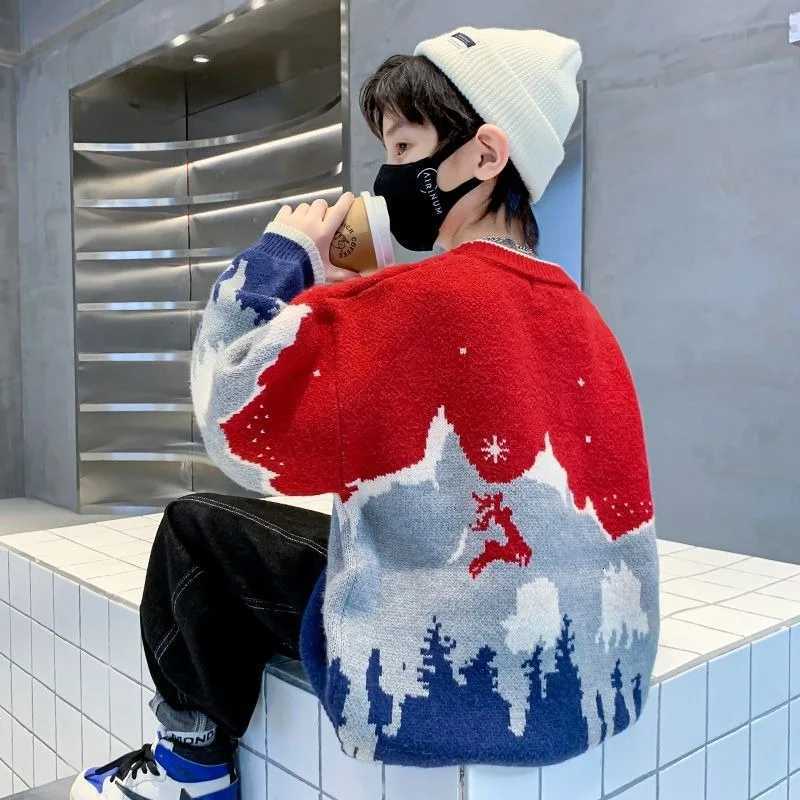 New 2025 Autumn/Winter Boy's Pullover Fleece-Lined Thickened Sweater Christmas New Year Stylish Knitwear for Kids Warm Winter Outfit C260921