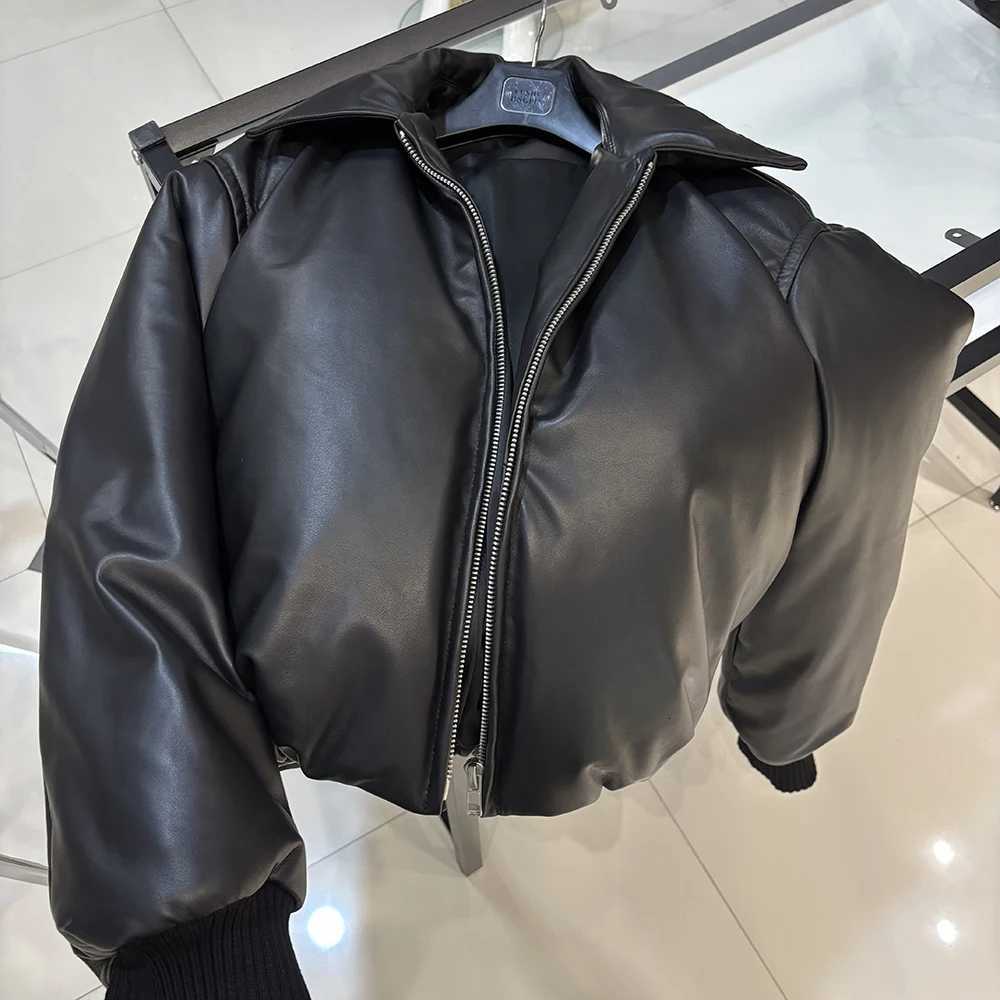 Black Oversized Lapel Leather Down Coat Women Genuine Sheepskin Jacket Coat C260921