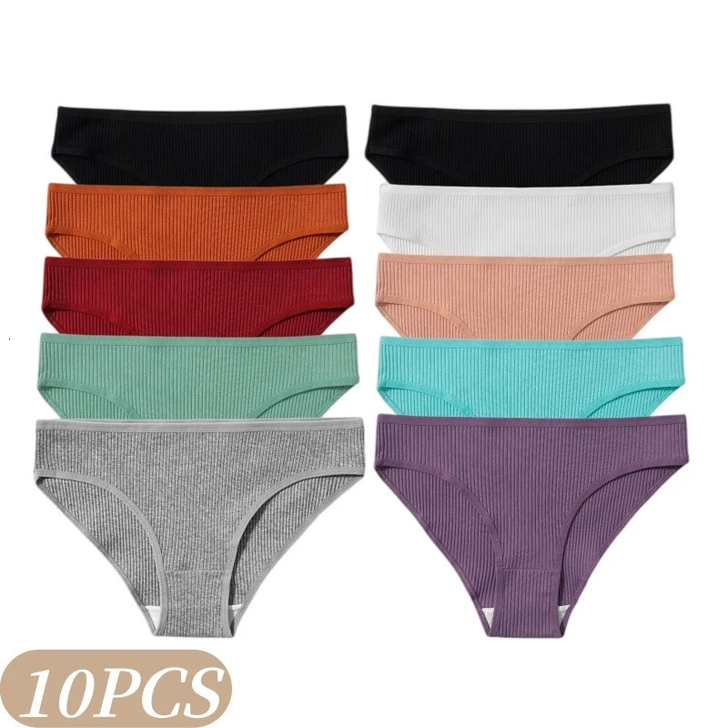 10Pcs/Set Women Cotton Panties Low Waist Ribbed Briefs Solid Color Breathable Skin-Friendly Underwear Daily Wear Lingerie S-XXL 260922