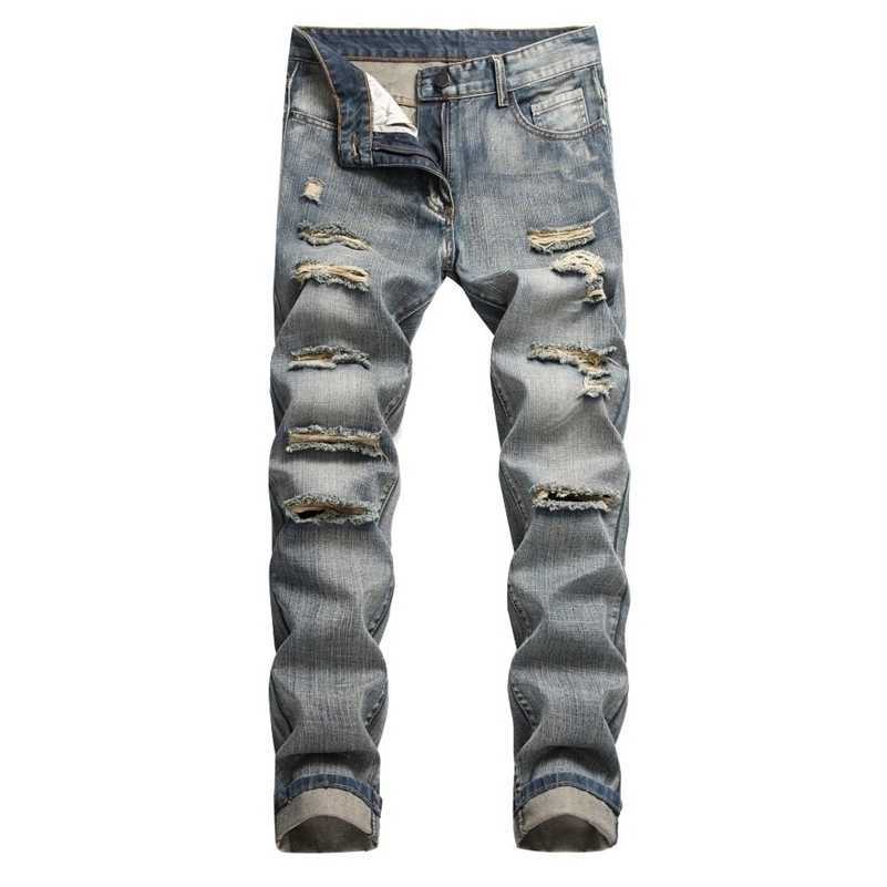 Ripped Style Skinny Men Wash Solid Denim Trouser Mens Casual Fit Pencil Denim Pants S260922WSL0