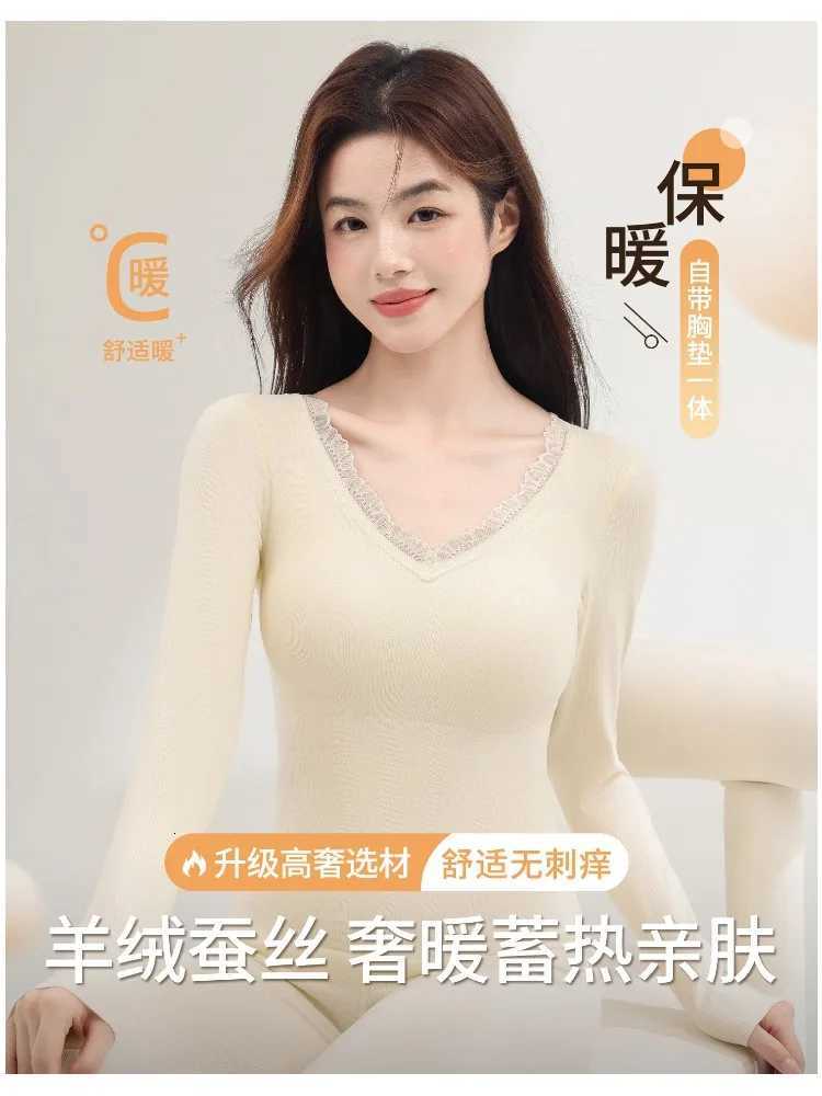 Thermal Underwear Women's Women's Heated Underwear Set Winter Fleece Lined Seamless Base Layer Top Pants with Removable Bra Thermal Wear M